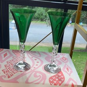 Cristal D’Arques Green Glass NOEL Fluted Champagne Glasses Set of 2